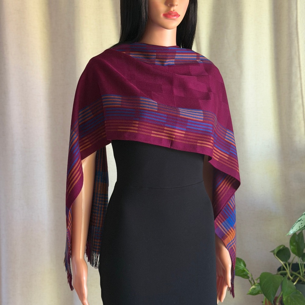 Woven Plum Burgundy Geometric Plaid Fringed Shawl Wrap Scarf Blue Orange Fall